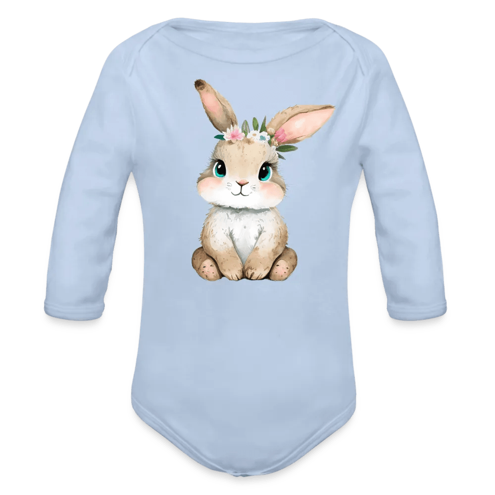 happy-prints.eu - Personalisierter Baby Bio-Langarm-Body für Ostern - niedlicher Bunny Body mit Mädchen Osterhase und Blumen - Motiv, Produkt, Text und eigenes Foto ist easy änderbar - in vielen Farben und Größen bis Größe 80 bzw. 12 Monate