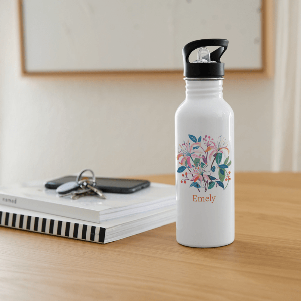 happy-prints.eu - Personalisierte Edelstahl Trinkflasche mit Name und Blumen - Lilie ist die Geburtsblume im Juni - Motiv, Text und Produkt einfach änderbar