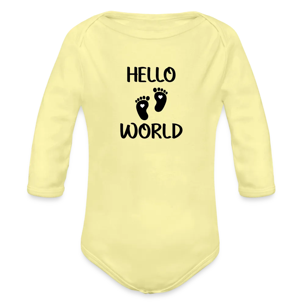 Personalisierter Unisex Baby Bio-Langarm-Body mit Babyfüßen und Spruch "Hello World" - 100% Bio Baumwolle - bis Größe 80 bzw. 12 Monate - in vielen Farben und Größen - Bild, Motiv und Text sind individualisierbar - Hellgelb