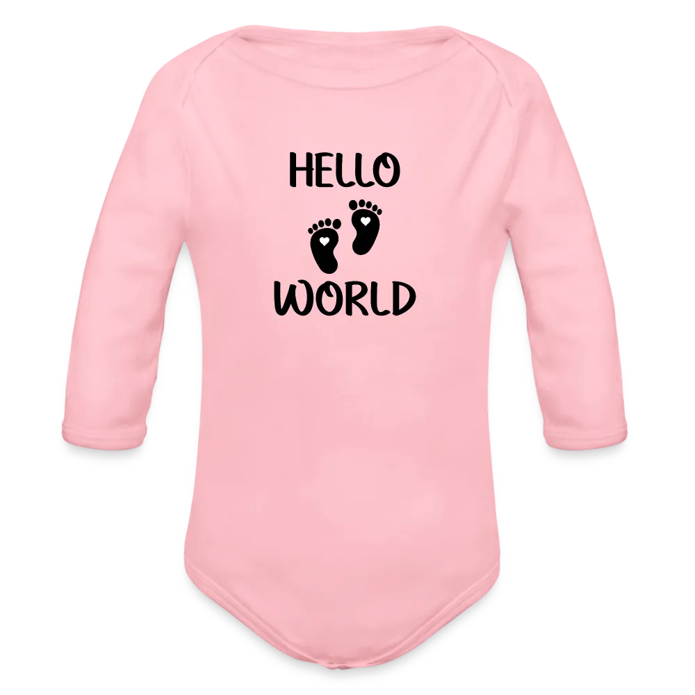 Personalisierter Unisex Baby Bio-Langarm-Body mit Babyfüßen und Spruch "Hello World" - 100% Bio Baumwolle - bis Größe 80 bzw. 12 Monate - in vielen Farben und Größen - Bild, Motiv und Text sind individualisierbar - Hellrosa