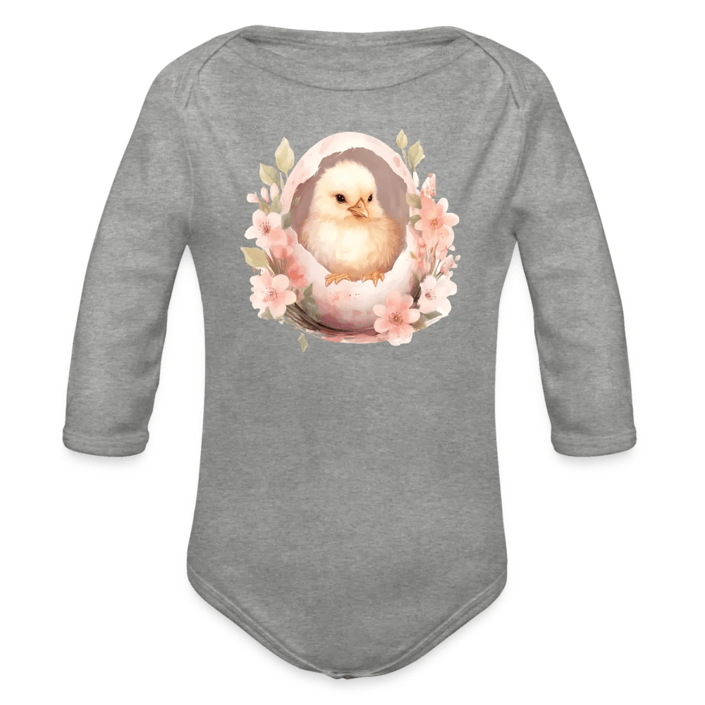 happy-prints.eu - Personalisierter Baby Bio-Langarm-Body für Ostern - niedliches Küken in der Eierschale - Motiv, Produkt, Text und eigenes Foto ist easy änderbar - in vielen Farben und Größen bis Größe 80 bzw. 12 Monate