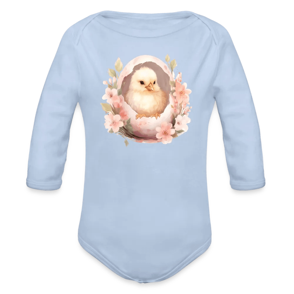 happy-prints.eu - Personalisierter Baby Bio-Langarm-Body für Ostern - niedliches Küken in der Eierschale - Motiv, Produkt, Text und eigenes Foto ist easy änderbar - in vielen Farben und Größen bis Größe 80 bzw. 12 Monate