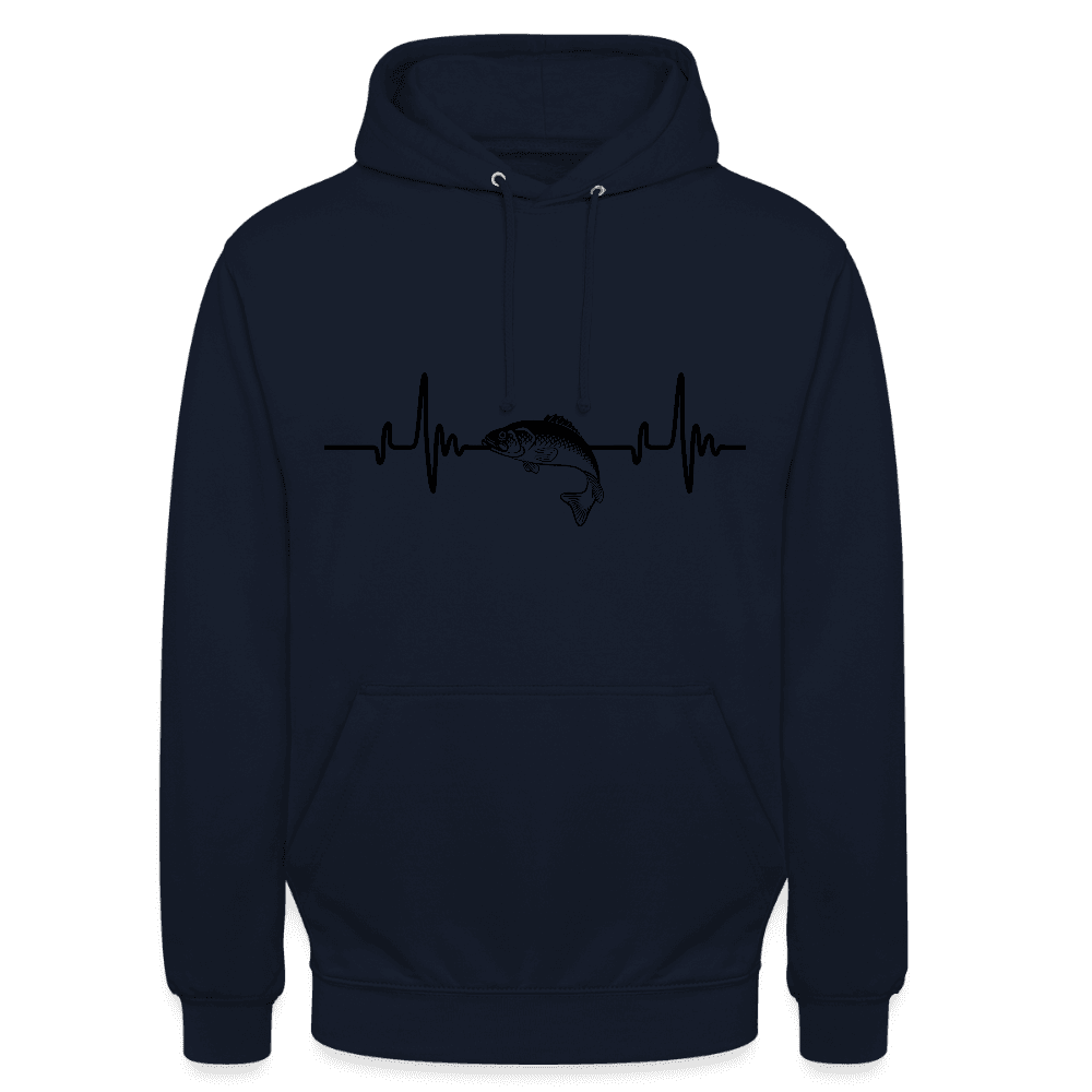 happy-prints.eu - Personalisierbarer Unisex Hoodie Mit Herzlinie und Fisch - Heartbeat Sweater für Damen und Herren - Motiv und Text änderbar - ein tolles Geschenk für Angler