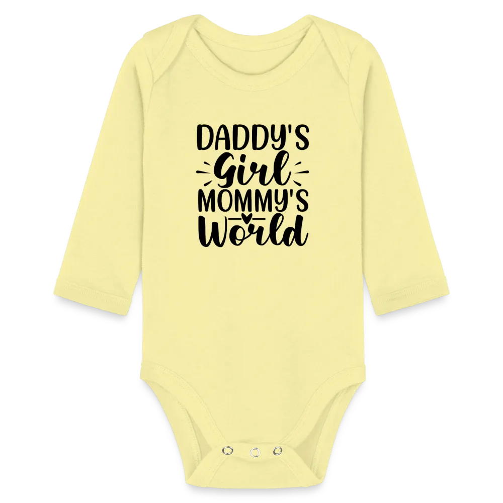Personalisierter Mädchen Baby Bio-Langarm-Body mit Spruch "Daddy Girl - Mommys World" - 100% Bio Baumwolle - bis Größe 80 bzw. 12 Monate - in vielen Farben und Größen - Bild, Motiv und Text sind individualisierbar -