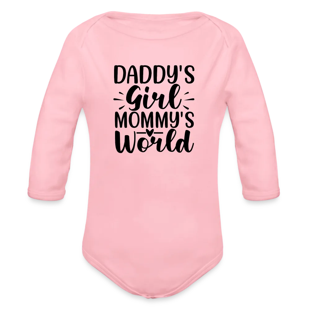 Personalisierter Mädchen Baby Bio-Langarm-Body mit Spruch "Daddy Girl - Mommys World" - 100% Bio Baumwolle - bis Größe 80 bzw. 12 Monate - in vielen Farben und Größen - Bild, Motiv und Text sind individualisierbar - Hellrosa