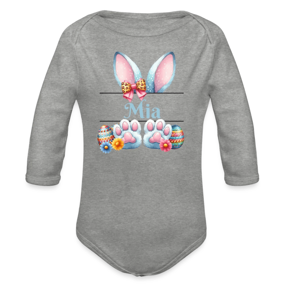 happy-prints.eu - Personalisierter Baby Bio-Langarm-Body für Ostern - Frohe Ostern Body mit Osterhasen Ohren, Ostereier und Name - niedlicher Print für Mädchen - Name, Motiv und Produkt sind leicht änderbar - in vielen Farben und Größen bis Größe 80 bzw. 12 Monate