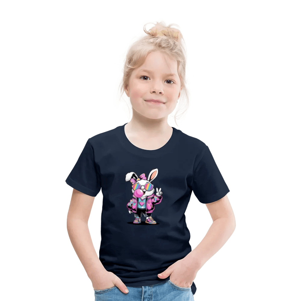 happy-prints.eu - Personalisiertes Frohe Ostern Kinder T-Shirt mit Osterhase mit Sonnenbrille, Masche und Kaugummi - niedlicher Mädchen Bunny - Motiv, Produkt, Text und eigene Bilder easy anpassbar - in vielen Farben und Größen (bis Größe 140 bzw. 8 Jahre)