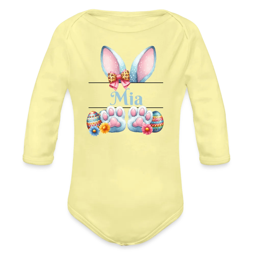 happy-prints.eu - Personalisierter Baby Bio-Langarm-Body für Ostern - Frohe Ostern Body mit Osterhasen Ohren, Ostereier und Name - niedlicher Print für Mädchen - Name, Motiv und Produkt sind leicht änderbar - in vielen Farben und Größen bis Größe 80 bzw. 12 Monate