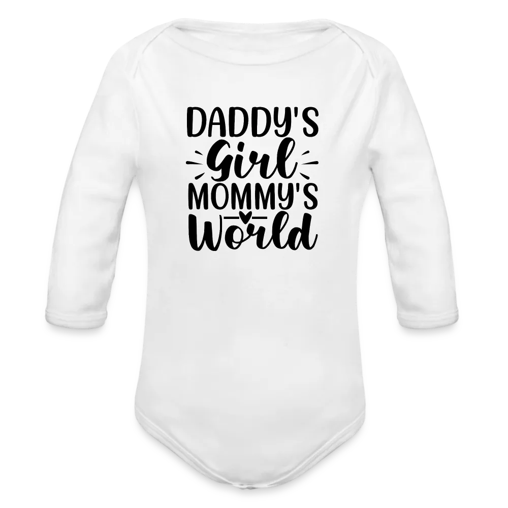 Personalisierter Mädchen Baby Bio-Langarm-Body mit Spruch "Daddy Girl - Mommys World" - 100% Bio Baumwolle - bis Größe 80 bzw. 12 Monate - in vielen Farben und Größen - Bild, Motiv und Text sind individualisierbar - Weiß
