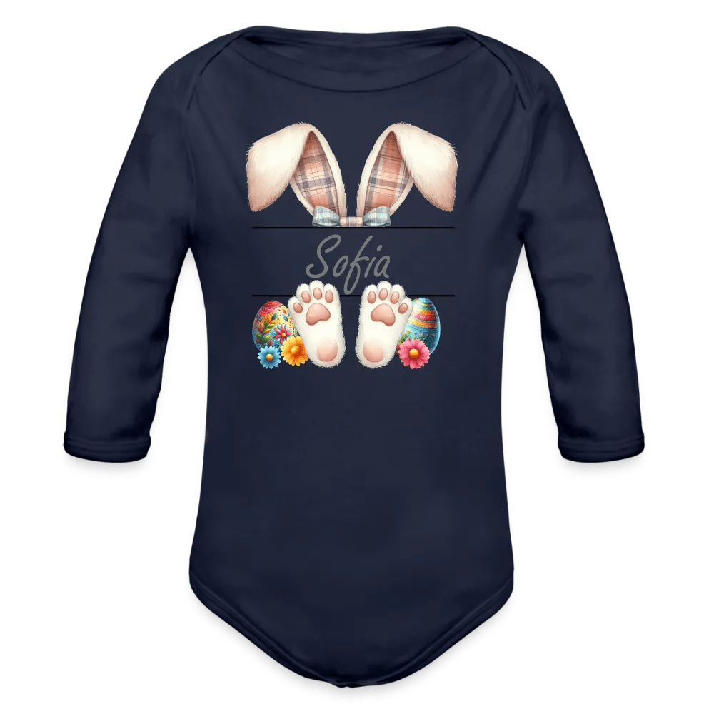 happy-prints.eu - Personalisierter Baby Bio-Langarm-Body für Ostern - Frohe Ostern Body mit Osterhasen Ohren, Ostereier und Name - niedlicher Print für Mädchen - Name, Motiv und Produkt sind leicht änderbar - in vielen Farben und Größen bis Größe 80 bzw. 12 Monate