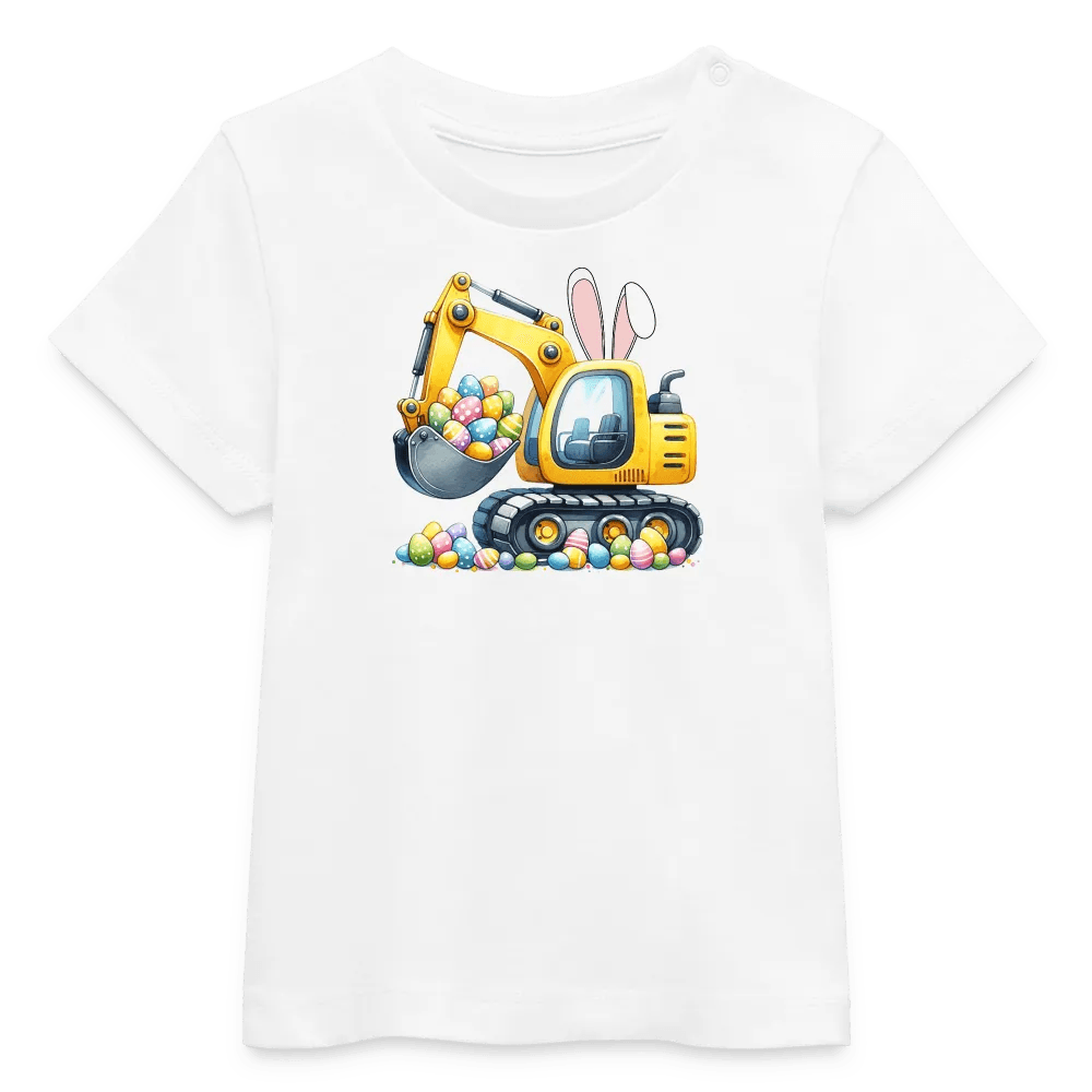 happy-prints.eu - Baby Bio-T-Shirt mit Bagger, Ostereier und Osterhasen Ohren - Jungen Shirt für Ostern - Motiv, Text, Farbe und Produkt einfach änderbar