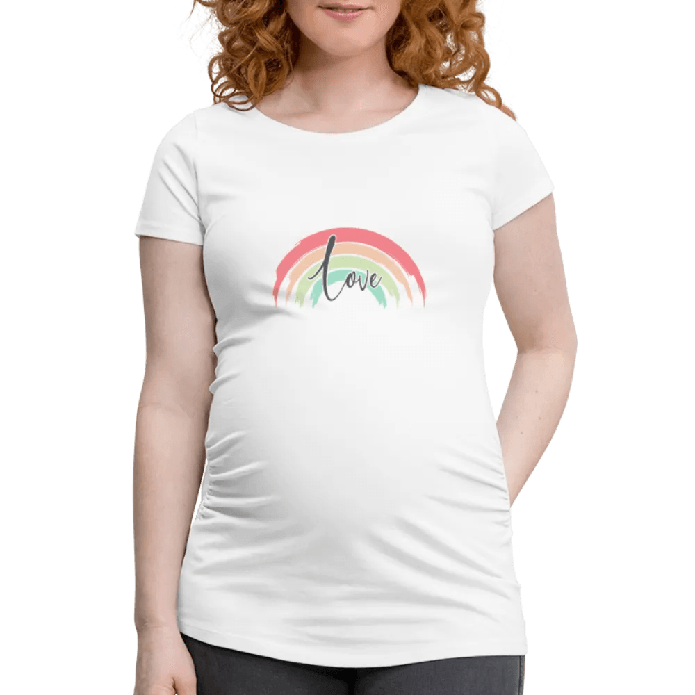 happy-prints.eu - Personalisiertes weißes Schwangerschaft T-Shirt für Frauen mit Regenbogen und Love - Print Shirts für werdende Mama in vielen Größen - Motiv und Text änderbar
