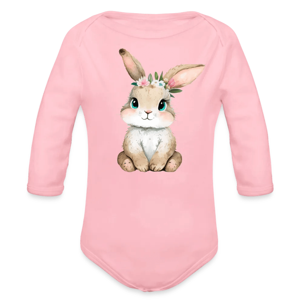 happy-prints.eu - Personalisierter Baby Bio-Langarm-Body für Ostern - niedlicher Bunny Body mit Mädchen Osterhase und Blumen - Motiv, Produkt, Text und eigenes Foto ist easy änderbar - in vielen Farben und Größen bis Größe 80 bzw. 12 Monate