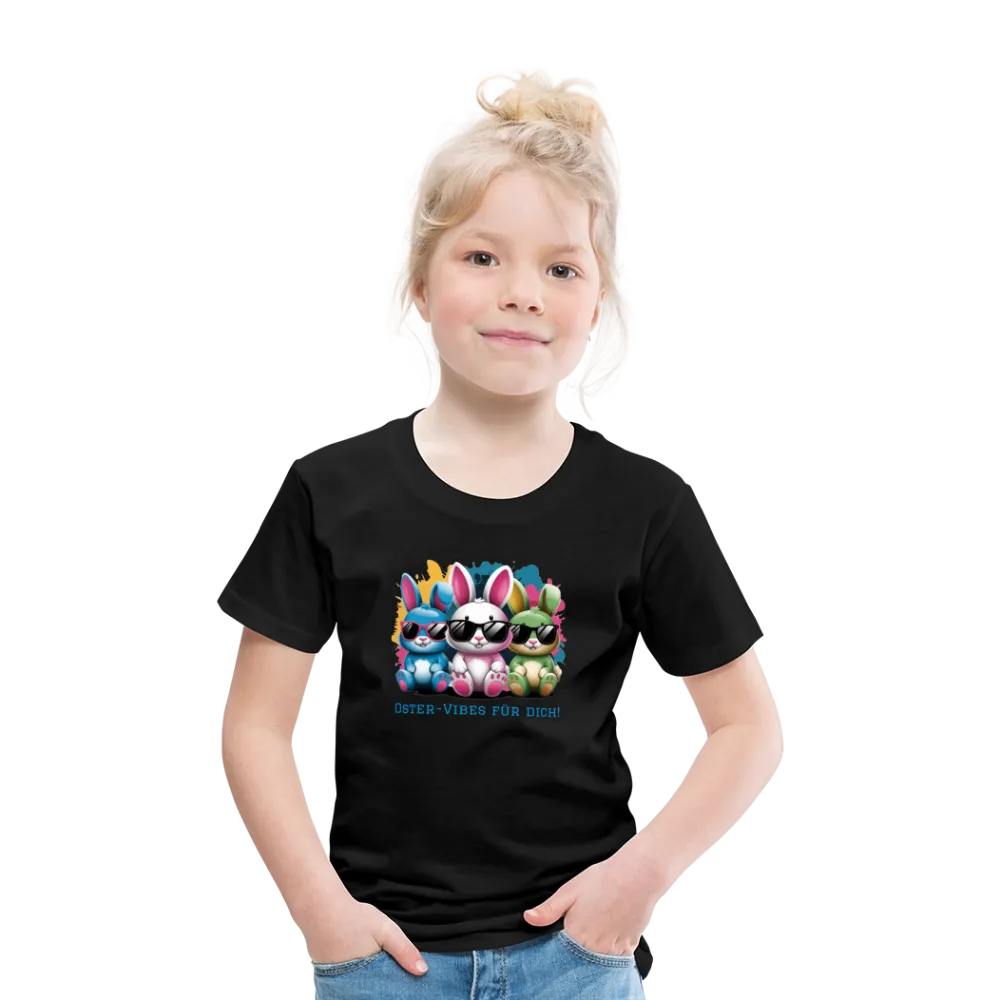 Personalisiertes Frohe Ostern Kinder T-Shirt mit Osterhasen mit Sonnenbrille und Spruch "Oster-Vibes für Dich" - Motiv, Produkt, Text und eigene Bilder easy anpassbar - viele Farben und Größen (bis Größe 140 bzw. 8 Jahre) -