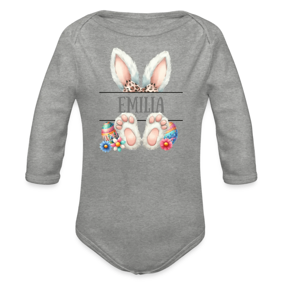 happy-prints.eu - Personalisierter Baby Bio-Langarm-Body für Ostern - Frohe Ostern Body mit Osterhasen Ohren, Ostereier und Name - niedlicher Print für Mädchen - Name, Motiv und Produkt sind leicht änderbar - in vielen Farben und Größen bis Größe 80 bzw. 12 Monate