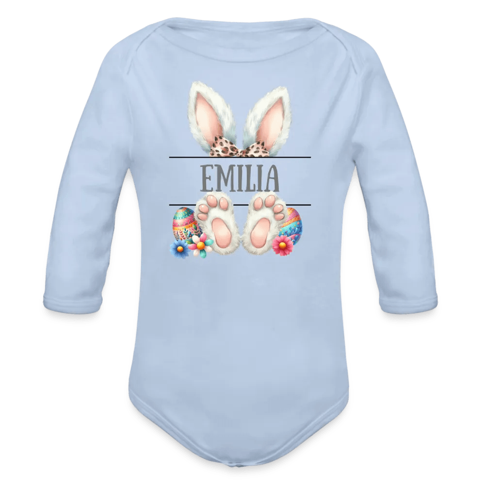 happy-prints.eu - Personalisierter Baby Bio-Langarm-Body für Ostern - Frohe Ostern Body mit Osterhasen Ohren, Ostereier und Name - niedlicher Print für Mädchen - Name, Motiv und Produkt sind leicht änderbar - in vielen Farben und Größen bis Größe 80 bzw. 12 Monate