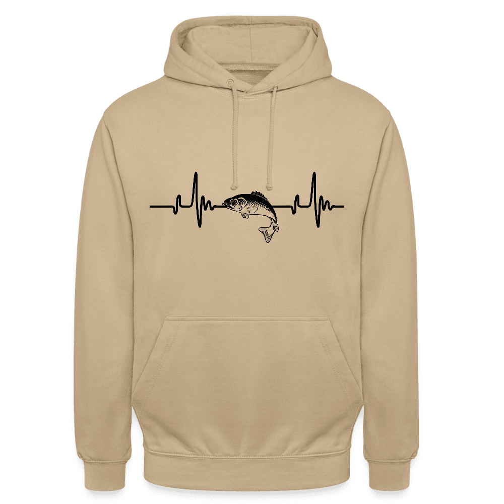 happy-prints.eu - Personalisierbarer Unisex Hoodie Mit Herzlinie und Fisch - Heartbeat Sweater für Damen und Herren - Motiv und Text änderbar - ein tolles Geschenk für Angler