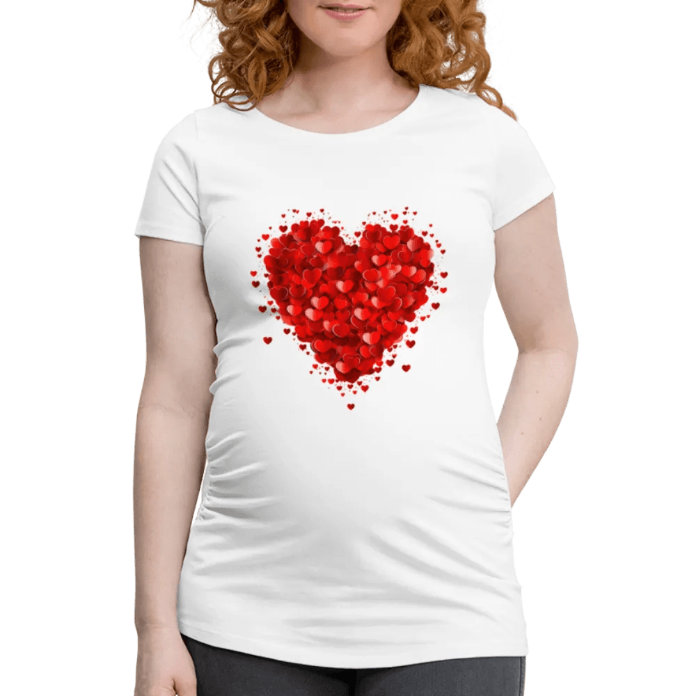 happy-prints.eu - Personalisiertes weißes Schwangerschafts-T-Shirt mit großem roten Herz - Print Motiv und Text änderbar - Damen Shirt zum Valentinstag - auch in großen Größen