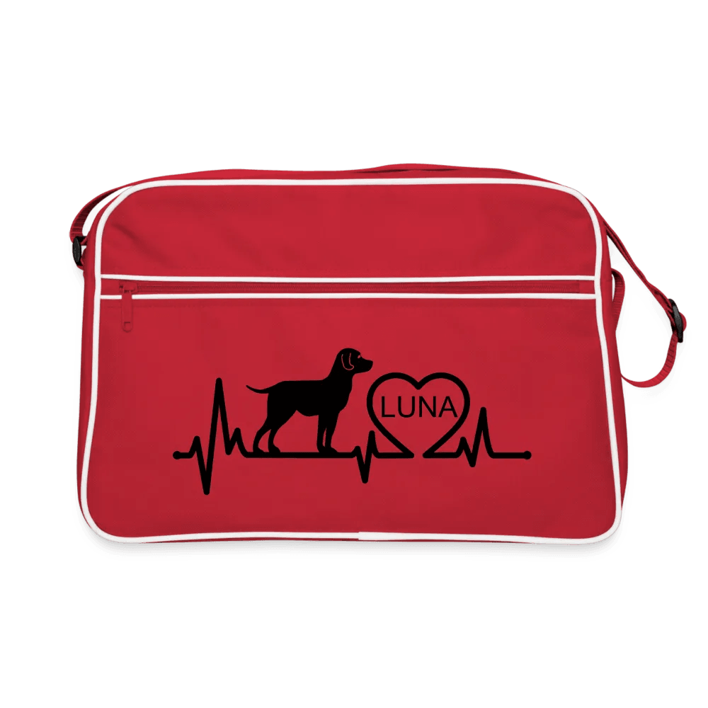 happy-prints.eu - Personalisierte Retro Tasche mit Hund, Herzschlaglinie und Herz mit Name - Text, Bild, Motiv und Farbe individualisierbar