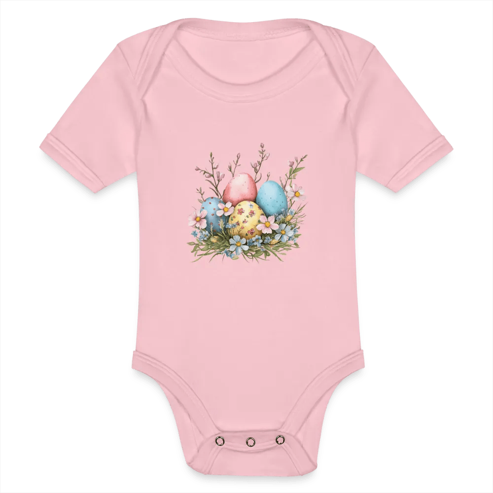 happy-prints.eu - Personalisierter Baby Bio-Kurzarm-Body für Mädchen mit Osternest mit Ostereier und Blumen - Babybody für Ostern - in vielen Farben und Größen - Motiv und Text individualisierbar