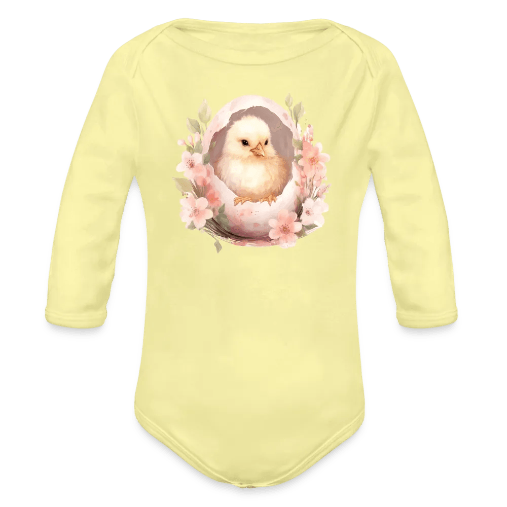 happy-prints.eu - Personalisierter Baby Bio-Langarm-Body für Ostern - niedliches Küken in der Eierschale - Motiv, Produkt, Text und eigenes Foto ist easy änderbar - in vielen Farben und Größen bis Größe 80 bzw. 12 Monate