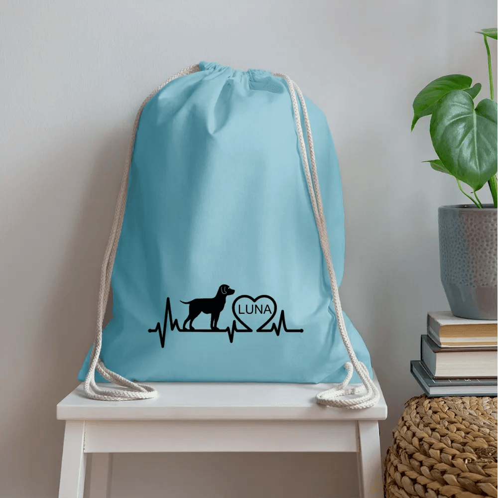 happy-prints.eu - Personalisierter Turnbeutel mit Hund, Herz und Herschschlaglinie - Text, Bild, Motiv und Farbe individualisierbar