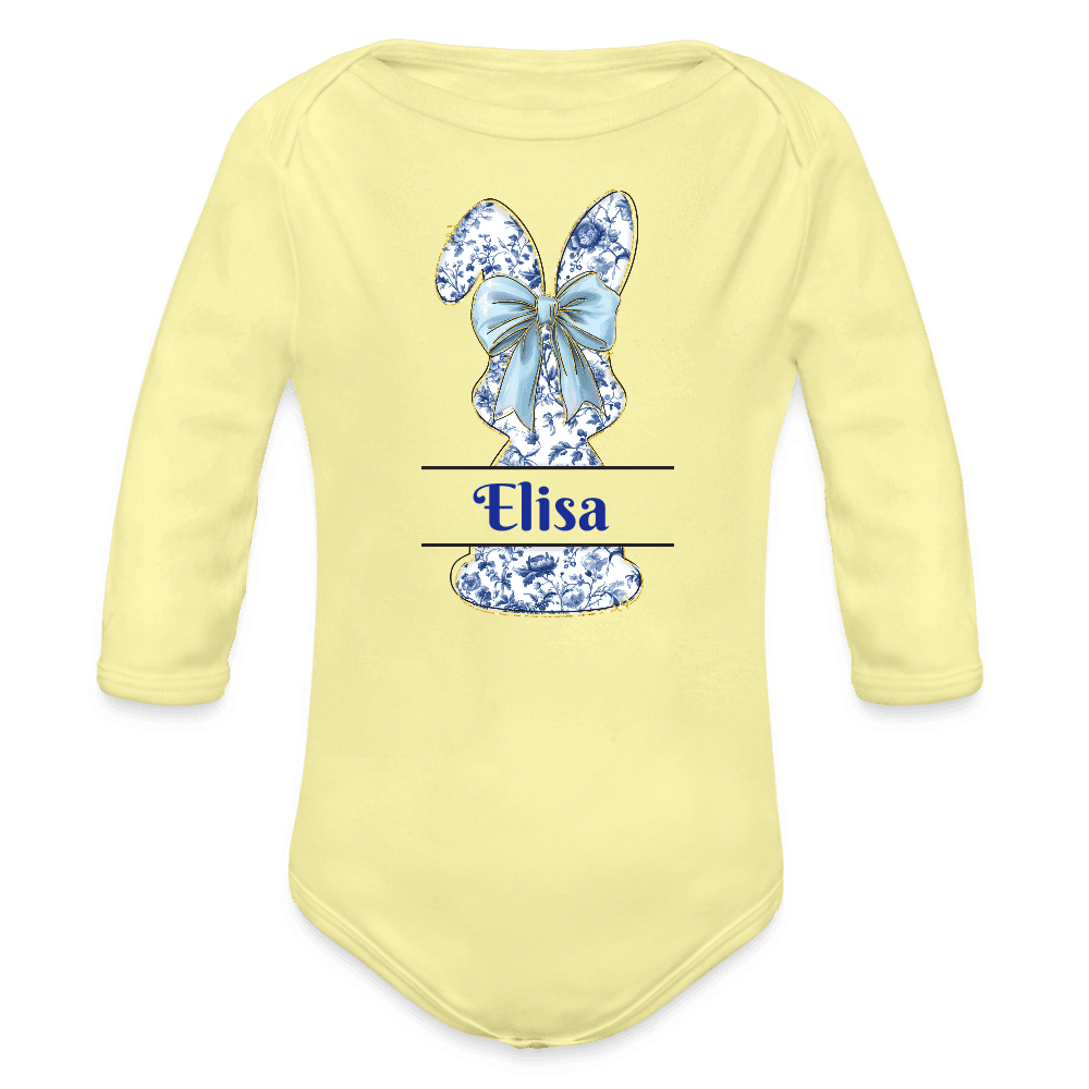 happy-prints.eu - Personalisierter Baby Bio-Langarm-Body für Ostern - süßer Mädchen Osterhase mit Masche in blau