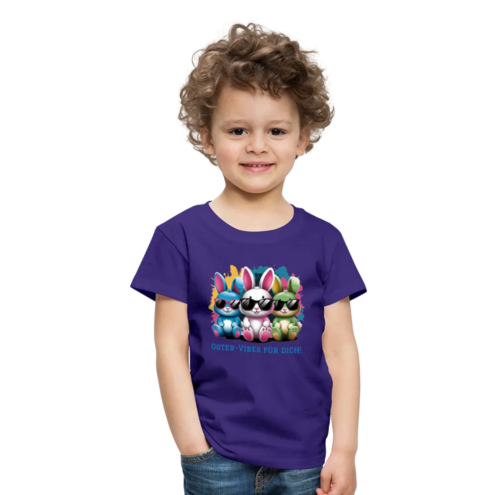 Personalisiertes Frohe Ostern Kinder T-Shirt mit Osterhasen mit Sonnenbrille und Spruch "Oster-Vibes für Dich" - Motiv, Produkt, Text und eigene Bilder easy anpassbar - viele Farben und Größen (bis Größe 140 bzw. 8 Jahre) -