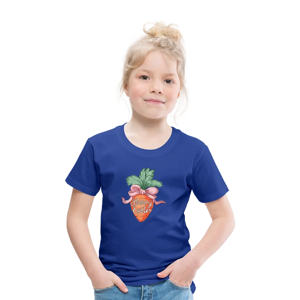 Personalisiertes Frohe Ostern Kinder T-Shirt mit Karotte, Masche und Spruch "Happy Easter" - cooles Mädchen Ostershirt - Motiv, Produkt, Text und eigene Bilder easy anpassbar - in vielen Farben und Größen (bis Größe 140 bzw. 8 Jahre) -