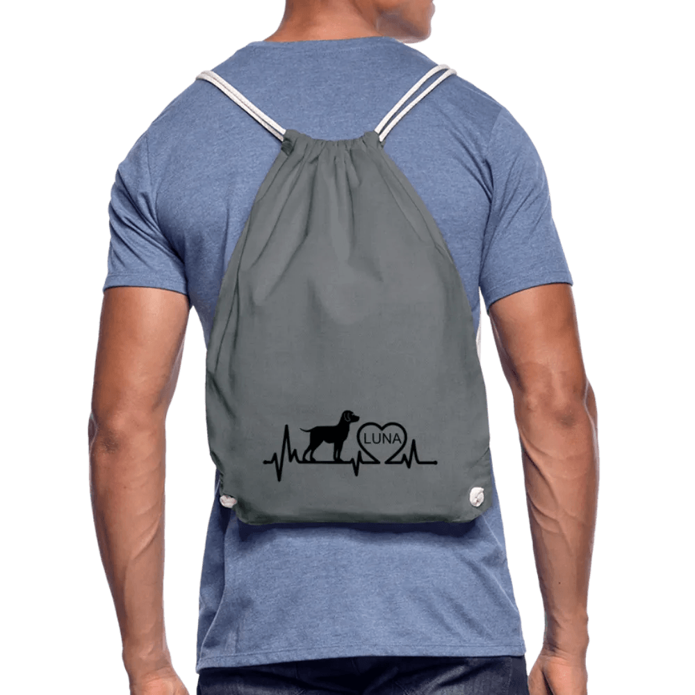 happy-prints.eu - Personalisierter Turnbeutel mit Hund, Herz und Herschschlaglinie - Text, Bild, Motiv und Farbe individualisierbar