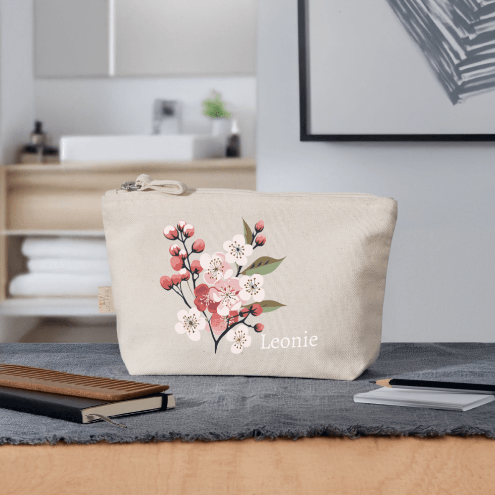 happy-prints.eu - Personalisiertes Bio Täschchen mit Kirschblüte - Sakura Geburtsblume im Mai - Motiv, Produkt und Text einfach änderbar
