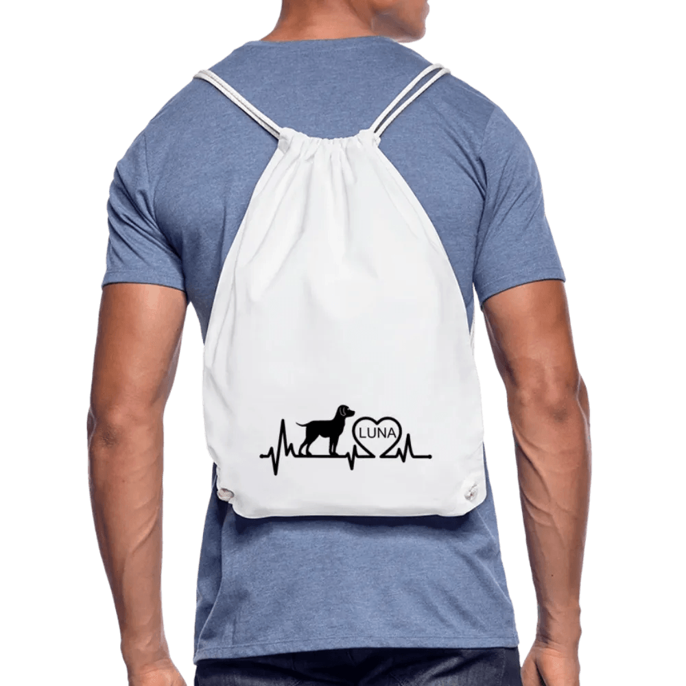 happy-prints.eu - Personalisierter Turnbeutel mit Hund, Herz und Herschschlaglinie - Text, Bild, Motiv und Farbe individualisierbar