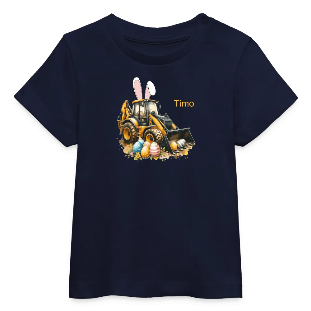 happy-prints.eu - Baby Bio-T-Shirt mit Bagger, Ostereier und Osterhasen Ohren - Jungen Shirt für Ostern - Motiv, Text, Farbe und Produkt einfach änderbar