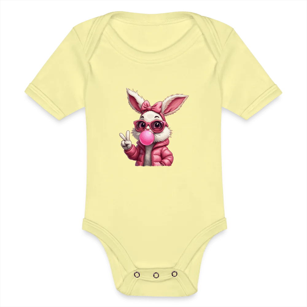 happy-prints.eu - Personalisierter Baby Bio-Kurzarm-Body für Mädchen mit Osterhasen, Brille und Kaugummi - Babybody für Ostern - in vielen Farben und Größen - Motiv und Text individualisierbar