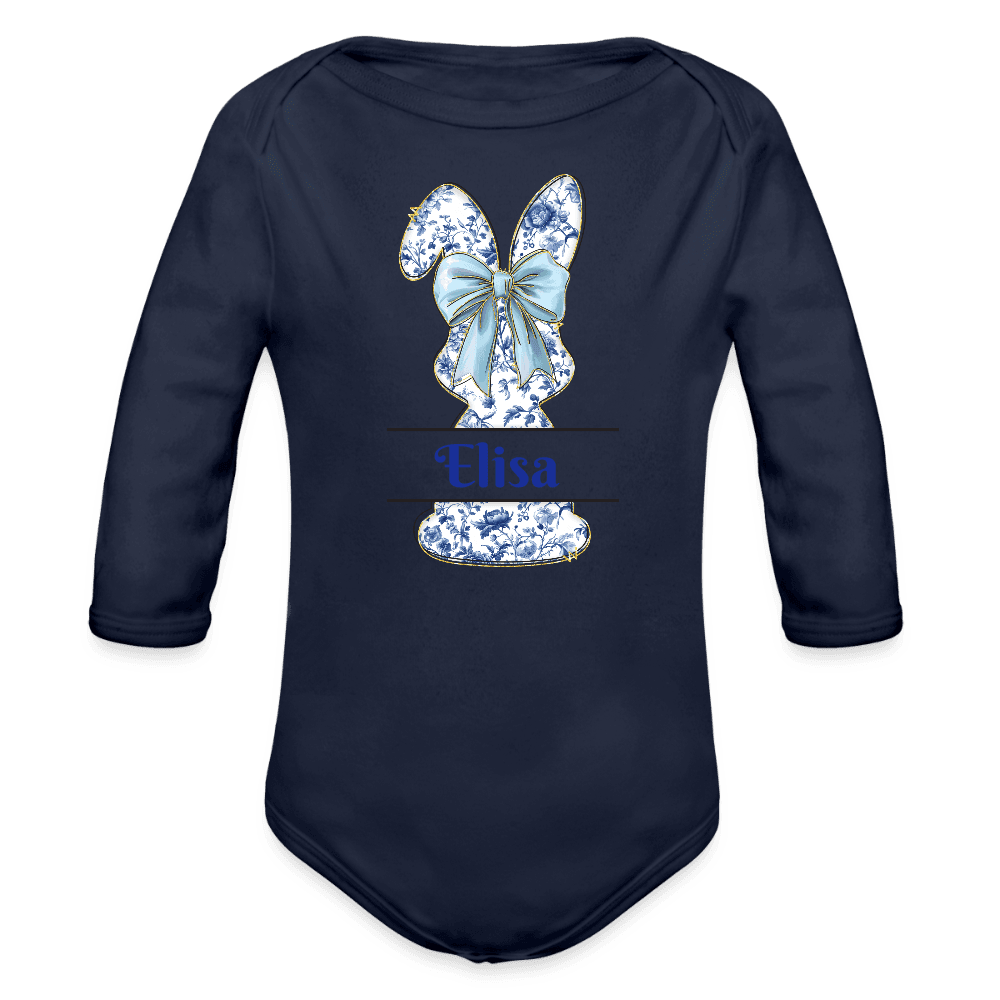 happy-prints.eu - Personalisierter Baby Bio-Langarm-Body für Ostern - süßer Mädchen Osterhase mit Masche in blau