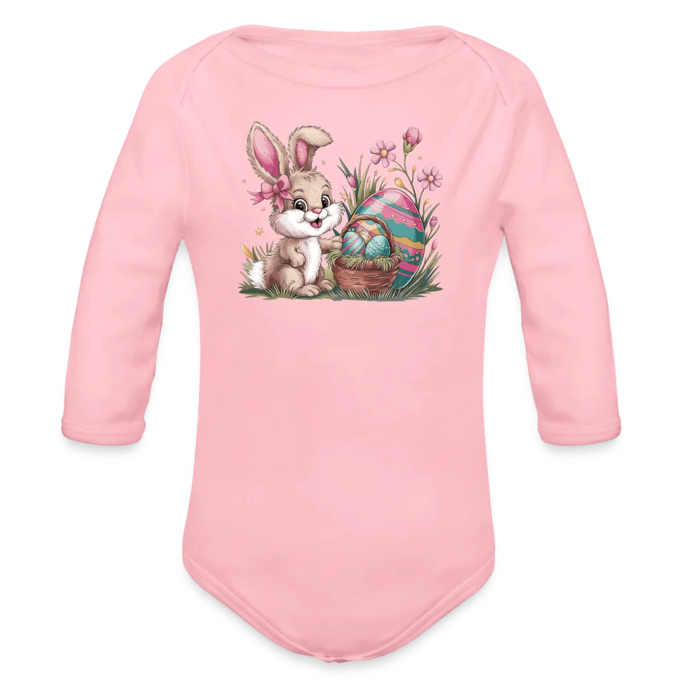 happy-prints.eu - Personalisierter Baby Bio-Langarm-Body für Ostern - Frohe Ostern Body mit Osterhase, Ostereier und Blumen - niedlicher Hase für Mädchen - Motiv, Produkt, Text und eigenes Foto ist easy einsetzbar - in vielen Farben und Größen bis Größe 80 bzw. 12 Monate