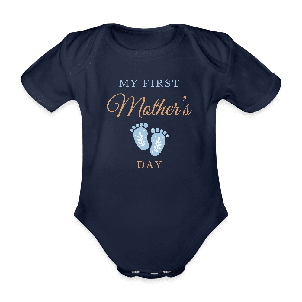 happy-prints.eu - Personalisierter Baby Bio-Kurzarm-Body mit Spruch und Babyfüßchen in blau - My first Mother´s Day - Text und Motiv easy anpassbar - in vielen Farben und Größen