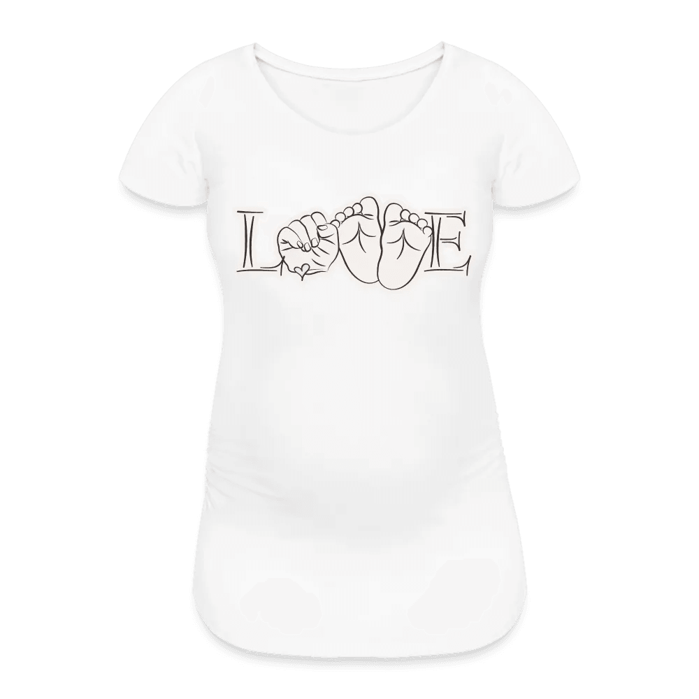 happy-prints.eu - Personalisiertes weißes Schwangerschafts-T-Shirt für Frauen mit Babyfüßchen und Love - Print Shirts für werdende Mama - Motiv und Text individualisierbar - auch in großen Größen für jede Mutter