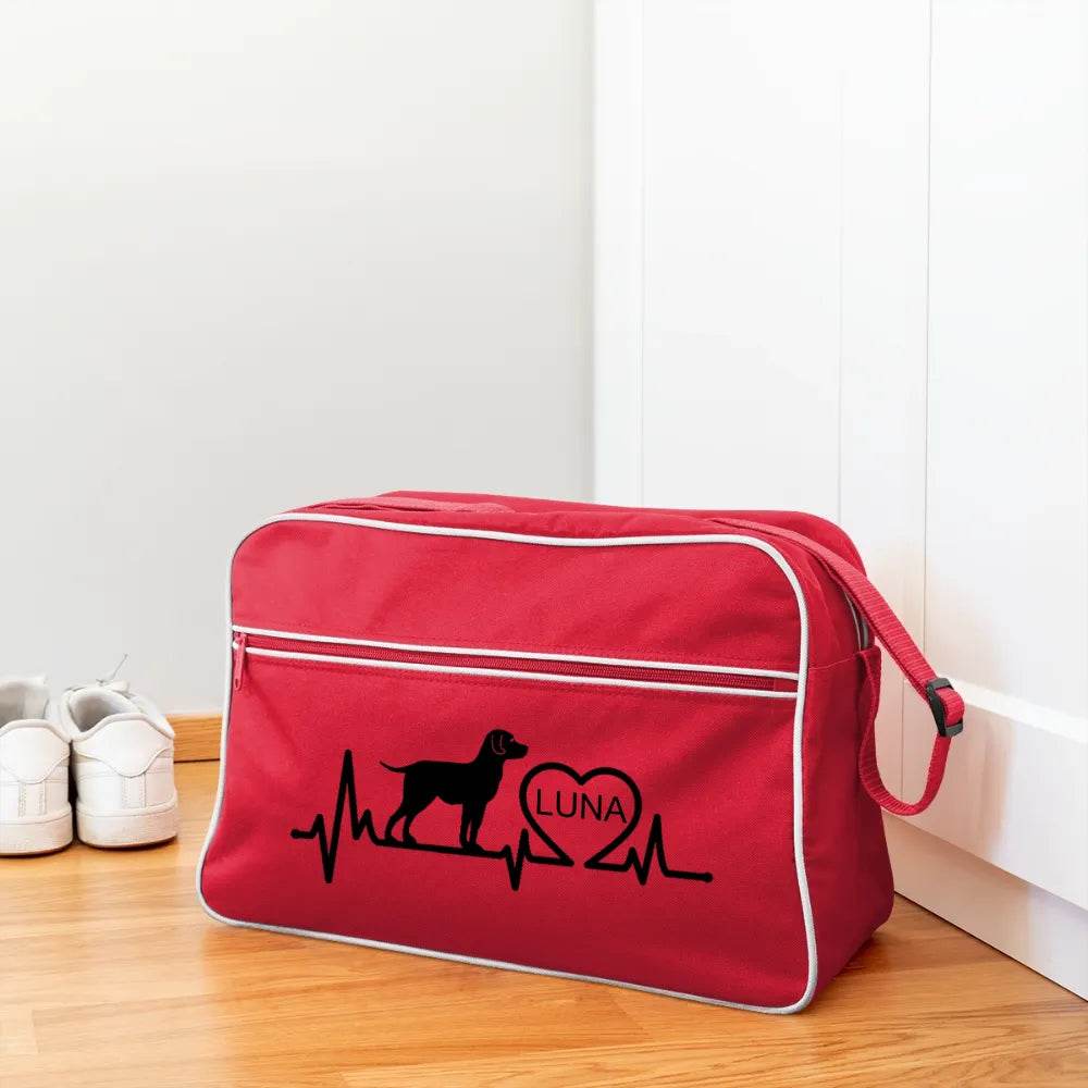 happy-prints.eu - Personalisierte Retro Tasche mit Hund, Herzschlaglinie und Herz mit Name - Text, Bild, Motiv und Farbe individualisierbar