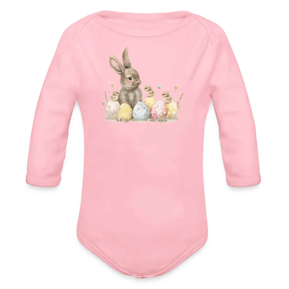 happy-prints.eu - Personalisierter Baby Bio-Langarm-Body für Ostern - Frohe Ostern Body mit Osterhase, Ostereier und Küken - niedlicher Print für Mädchen - Motiv, Produkt, Text und eigenes Foto ist easy änderbar - in vielen Farben und Größen bis Größe 80 bzw. 12 Monate