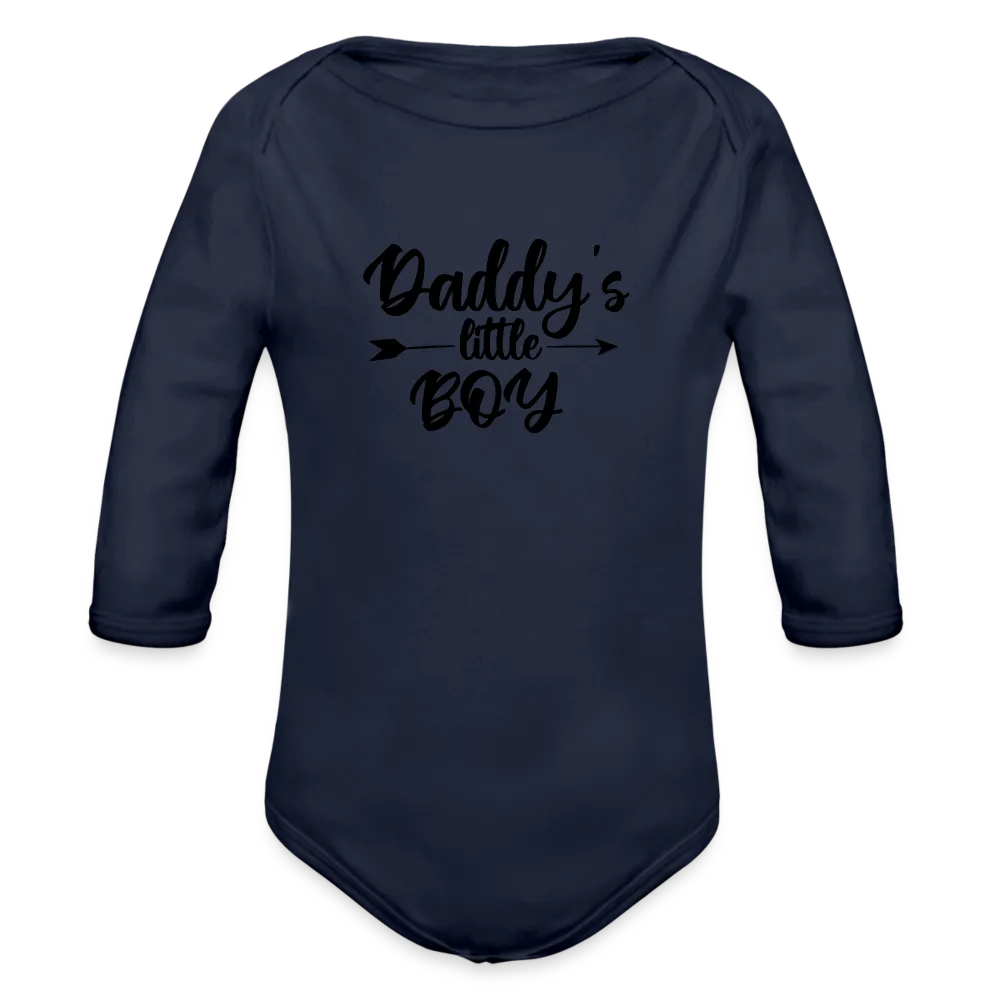 Personalisierter Jungen Baby Bio-Langarm-Body mit Spruch "Daddys little Boy" - 100% Bio Baumwolle - bis Größe 80 bzw. 12 Monate - in vielen Farben und Größen - Bild, Motiv und Text sind individualisierbar - Dunkelnavy