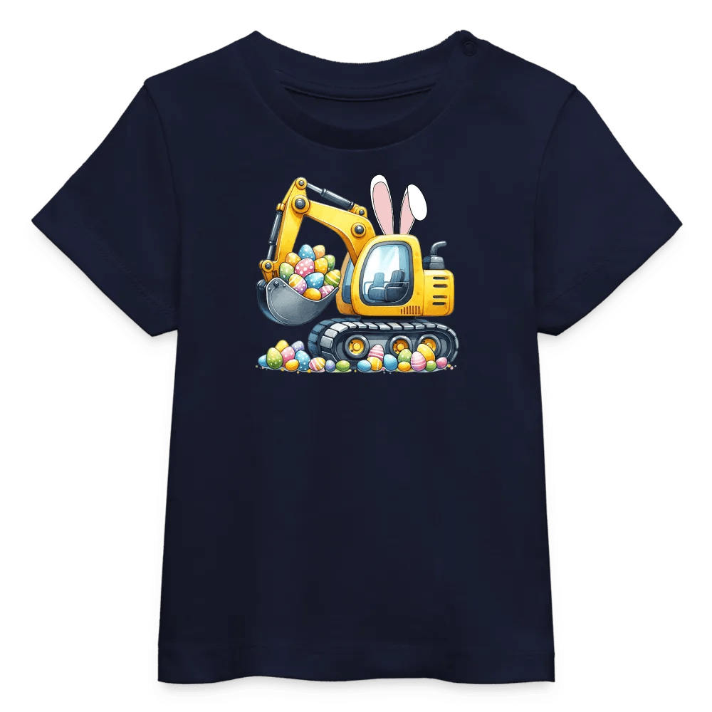 happy-prints.eu - Baby Bio-T-Shirt mit Bagger, Ostereier und Osterhasen Ohren - Jungen Shirt für Ostern - Motiv, Text, Farbe und Produkt einfach änderbar