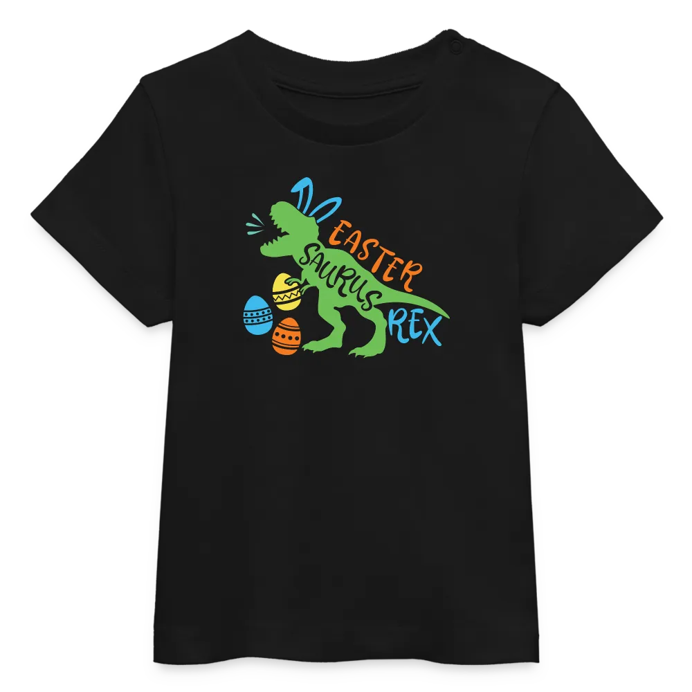Baby Bio-T-Shirt mit Dinosaurier, Ostereier und Osterhasen Ohren - Jungen Shirt für Ostern mit Spruch "Easter Saurus Rex" - Motiv, Text, Farbe und Produkt einfach änderbar - Schwarz