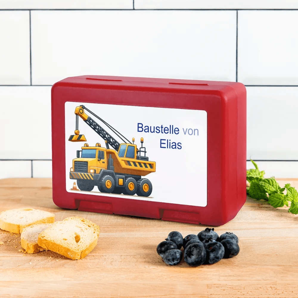 happy-prints.eu - Personalisierte Brotdose in blau mit Baustellenfahrzeuge - Jungen Jausendose - Name und Motiv kann geändert werden