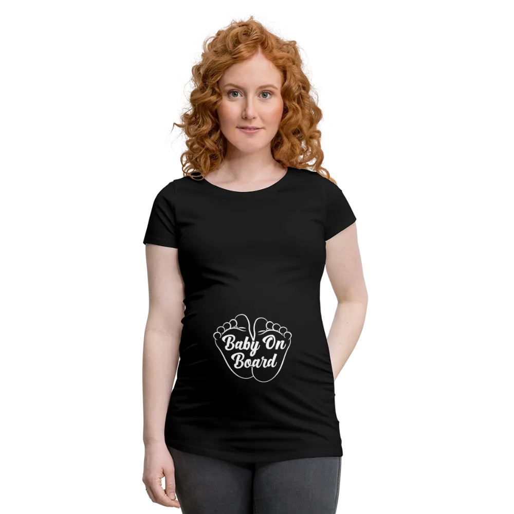 Personalisiertes schwarzes Schwangerschaft T-Shirt für Frauen mit Babyfüßen und lustigem Spruch "Baby on Board" - Print Shirt für werdende Mama in vielen Größen - Motiv und Text änderbar -