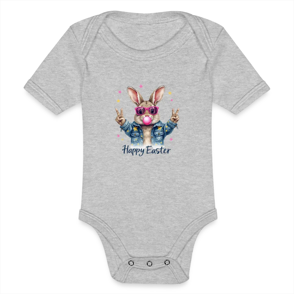 Personalisierter Baby Bio-Kurzarm-Body für Mädchen und Jungen mit Osterhasen, Kaugummi und Sterne sowie "Happy Easter" - Babybody für Ostern - in vielen Farben und Größen - Motiv und Text individualisierbar -