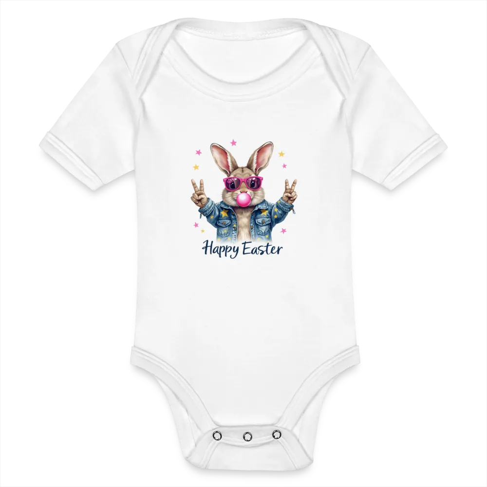 Personalisierter Baby Bio-Kurzarm-Body für Mädchen und Jungen mit Osterhasen, Kaugummi und Sterne sowie "Happy Easter" - Babybody für Ostern - in vielen Farben und Größen - Motiv und Text individualisierbar -