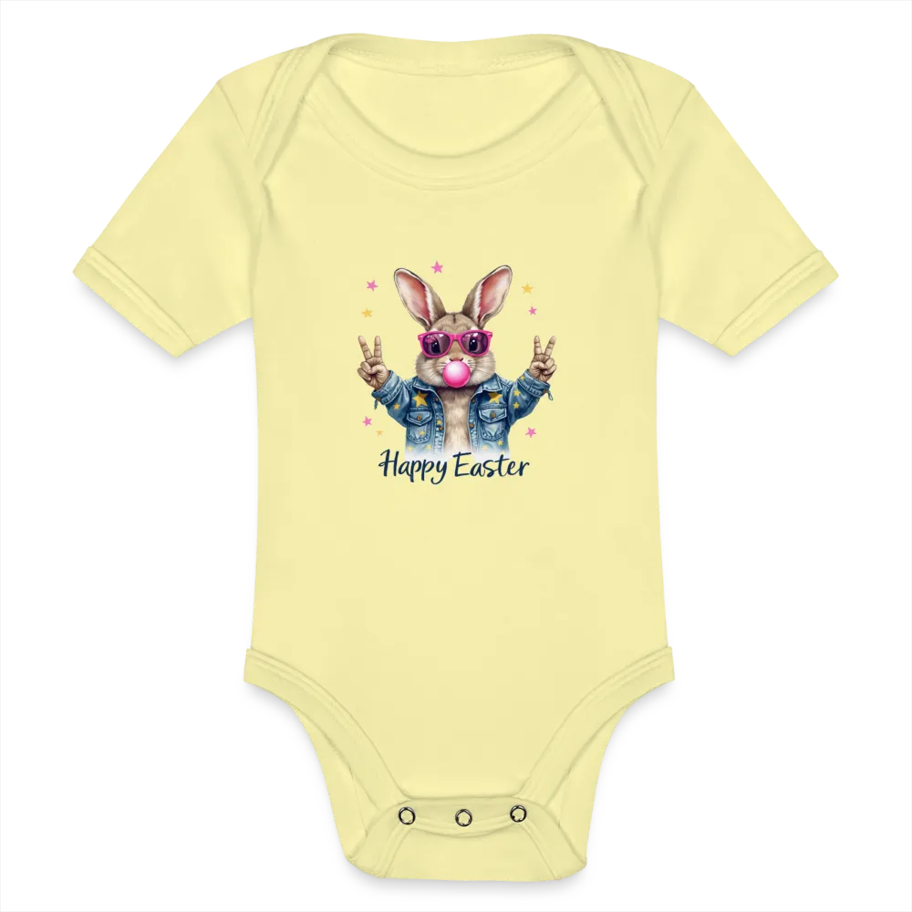 Personalisierter Baby Bio-Kurzarm-Body für Mädchen und Jungen mit Osterhasen, Kaugummi und Sterne sowie "Happy Easter" - Babybody für Ostern - in vielen Farben und Größen - Motiv und Text individualisierbar -
