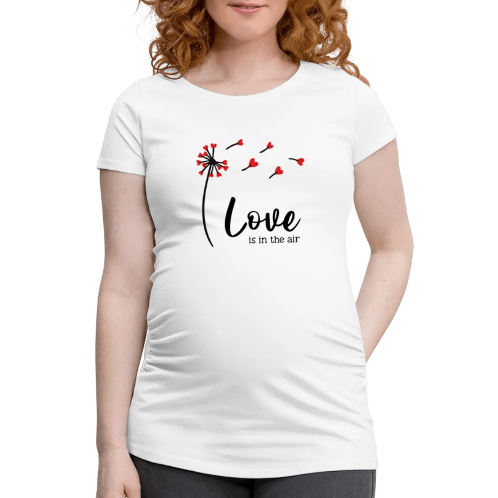 happy-prints.eu - Personalisiertes weißes Schwangerschafts-T-Shirt für Frauen mit Pusteblume und Spruch - Love is in the air - Print Shirts für werdende Mama - Motiv und Text individualisierbar - auch in großen Größen für jede Mutter