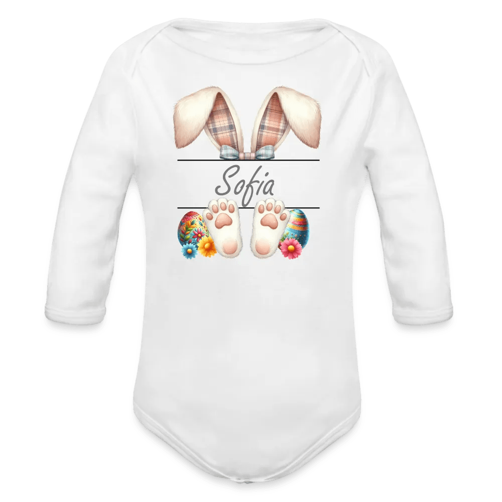 happy-prints.eu - Personalisierter Baby Bio-Langarm-Body für Ostern - Frohe Ostern Body mit Osterhasen Ohren, Ostereier und Name - niedlicher Print für Mädchen - Name, Motiv und Produkt sind leicht änderbar - in vielen Farben und Größen bis Größe 80 bzw. 12 Monate